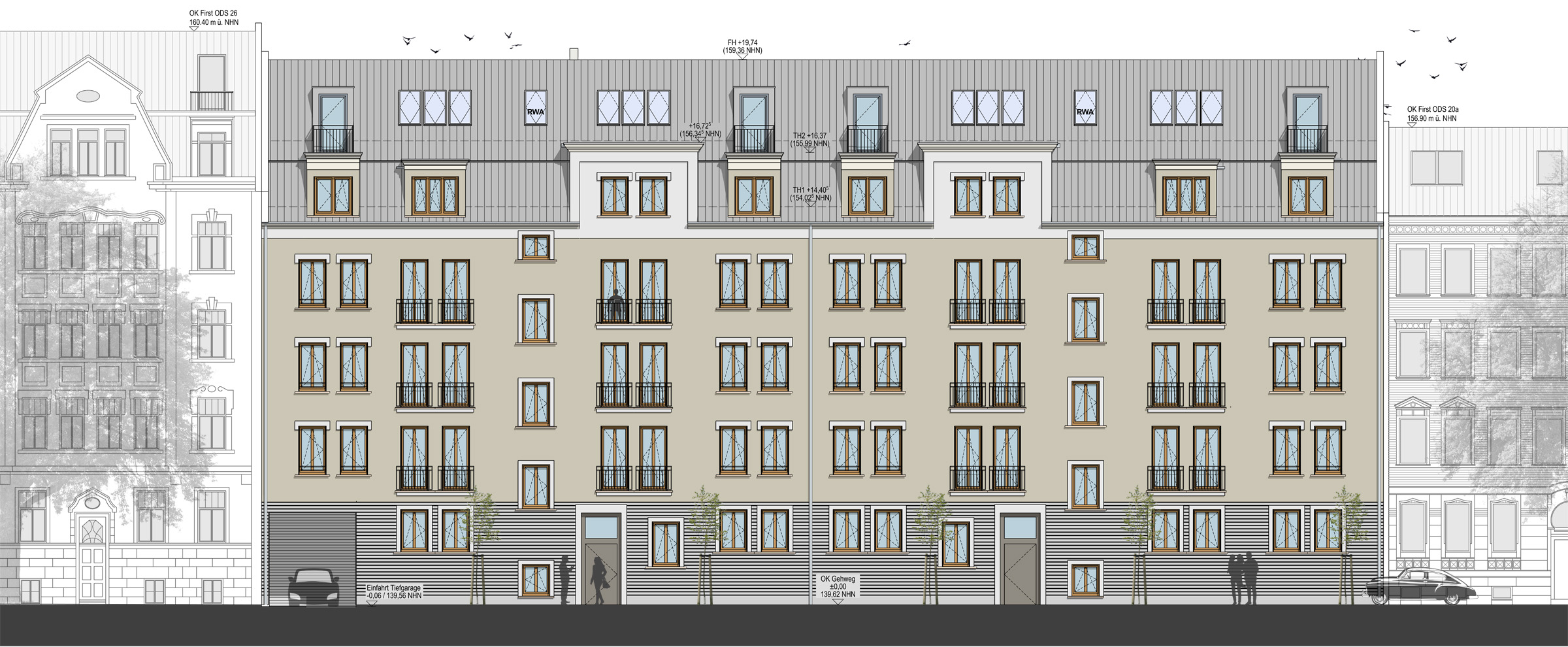 WOL Ansicht Straße Ansicht der historisierenden Fassade in einer Lückenbebauung im Gründerzeitviertel